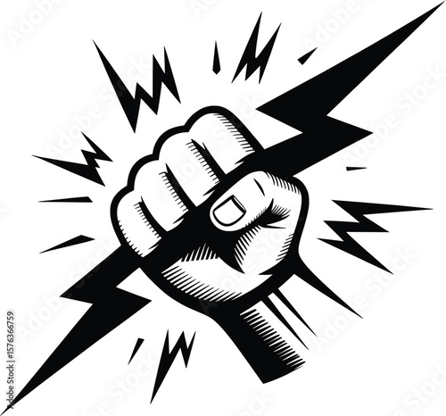 "Power Fist Holding Lightning Bolt Vector – Electric Strength Symbol Illustration.

