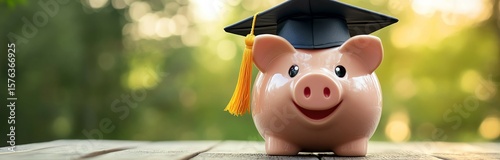 A piggy bank donning a graduation cap illustrates the concept of investing in education and the importance of saving for academic goals