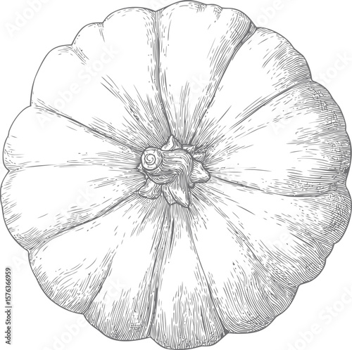 Detailed black and white sketch of a pumpkin viewed from above, vintage style. Vector illustration