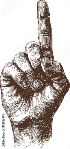 Detailed sketch of a hand with one finger pointing upwards in brown tones. Vector illustration
