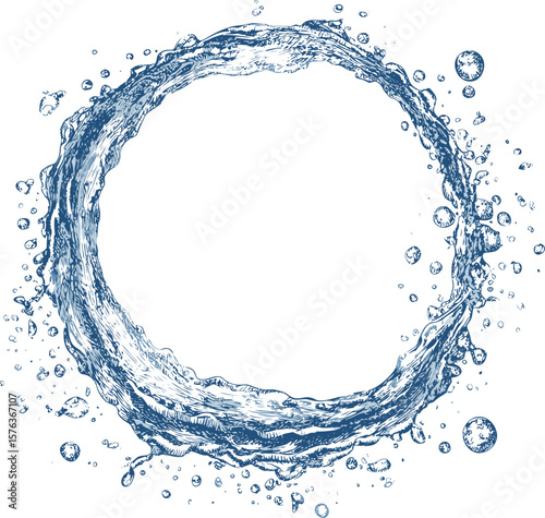 Circular splash of water with bubbles and splashes in a blue sketch style. Vector illustration