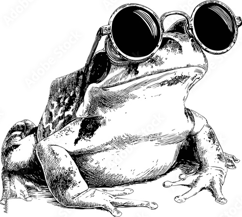 Illustration of a cool frog wearing large round sunglasses, vintage style ink drawing. Vector illustration