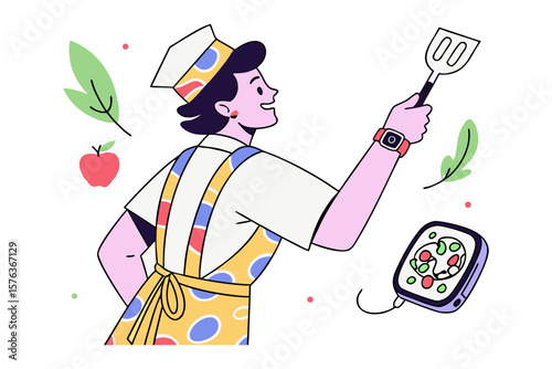 Culinary Creator's Dream: A chef, filled with joy, holds a spatula, visualizing a flavorful plate with fresh ingredients that inspires the art of culinary creativity.