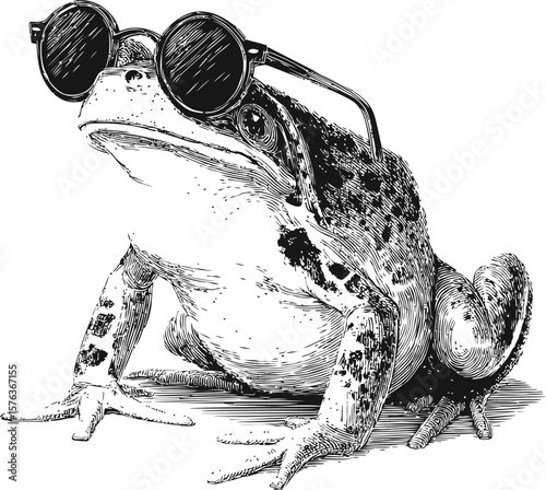 Frog wearing sunglasses in black and white line drawing sketch style. Vector illustration