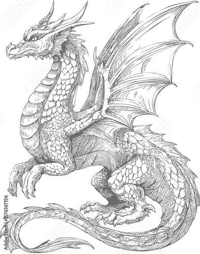 Intricate black and white drawing of a majestic dragon, mythical creature art. Vector illustration