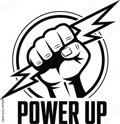 Power Up Fist Lightning Icon, Bold Energy Strength Vector Illustration.

