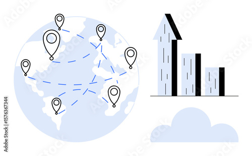 Globe with geolocation pins connected by dashed lines, bar chart with upward arrow, and cloud icon. Ideal for business expansion, global communication, analytics, data sharing, logistics, technology