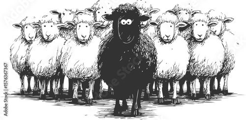 Black sheep standing out among white sheep in black and white sketch style. Vector illustration