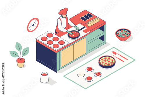 Isometric Culinary Scene: Overhead, an isometric view of a chef preparing food in a minimalist kitchen, complete with saucepans, ingredients, and pizza, captures the essence of culinary artistry.
