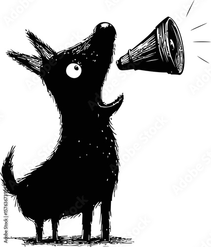Black and white illustration of a dog barking into a megaphone. Vector illustration