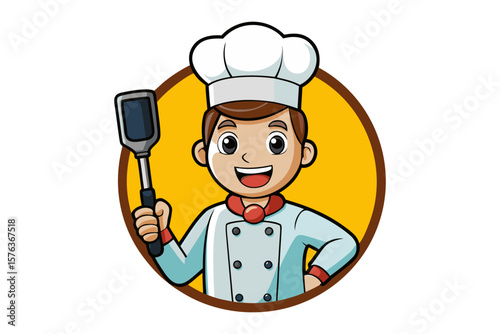 Chef's Culinary Dedication: A charming illustration of a chef, in full uniform, confidently brandishing a spatula against a vibrant, circular backdrop, radiating professionalism and culinary mastery.