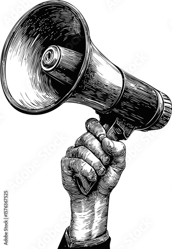 Vintage hand holding a megaphone in black and white sketch, call to action. Vector illustration