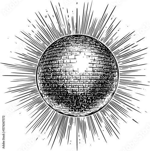 Detailed engraving of a radiant sunburst in black and white sketch style. Vector illustration
