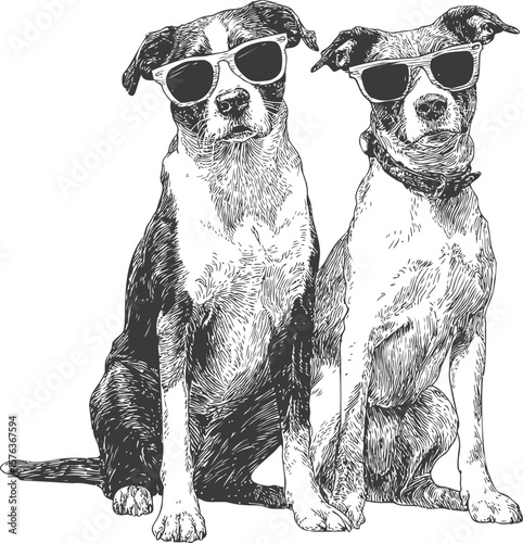 Two stylish dogs wearing sunglasses in a detailed black and white sketch. Vector illustration