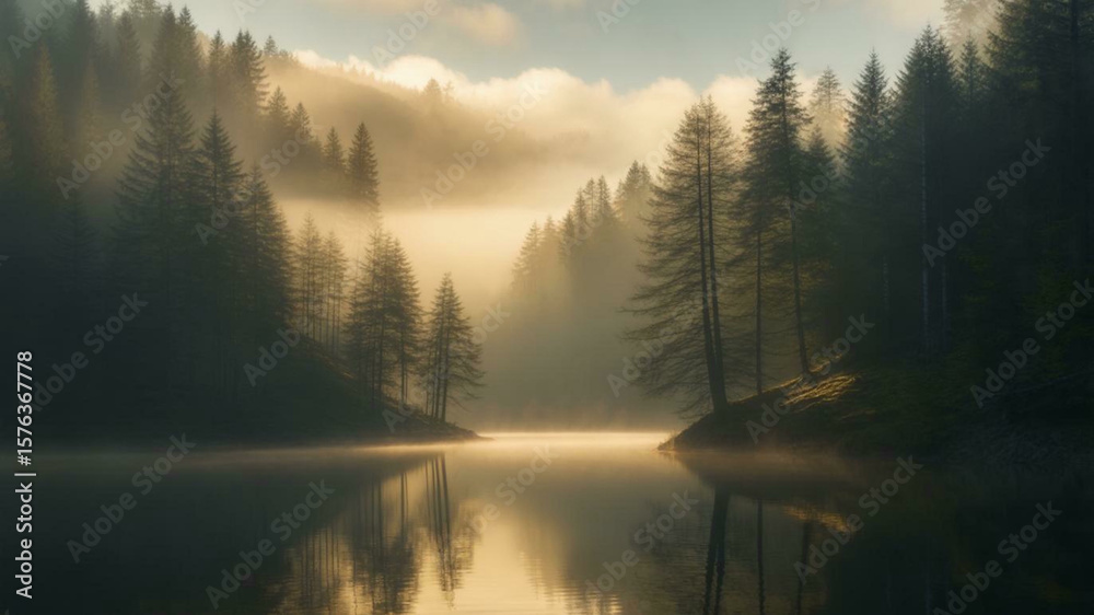 Fototapeta premium Sunlit Forest Landscape with Golden Rays of Light