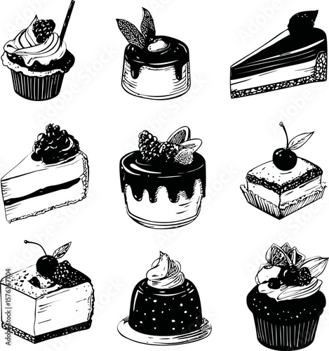 Illustration of set elegant black and white assorted cakes and pastries in sketch style. Vector illustration