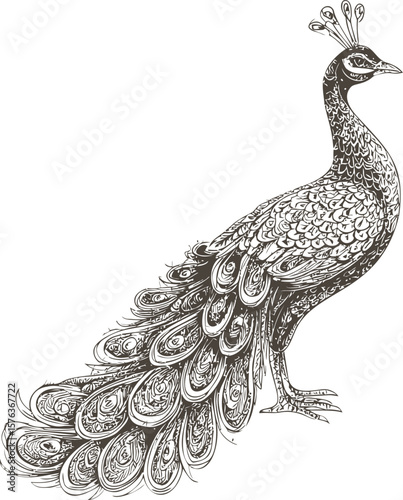 Intricate black and white proud peacock with detailed feathers. Vector illustration