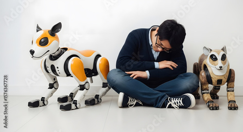 Human resting beside quadruped robot in bright empty space