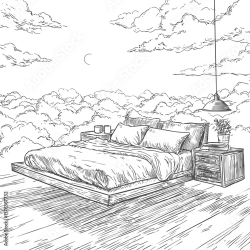 Floating bed in a cloud-filled sky with soft pillows and wooden furniture sketch. Vector illustration