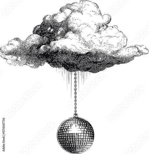 Intricate black cloud with disco ball suspended below, surreal monochrome art. Vector illustration