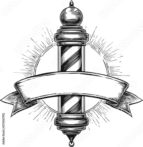 Vintage barbershop pole with blank banner and ornate details in black and white sketch style. Vector illustration