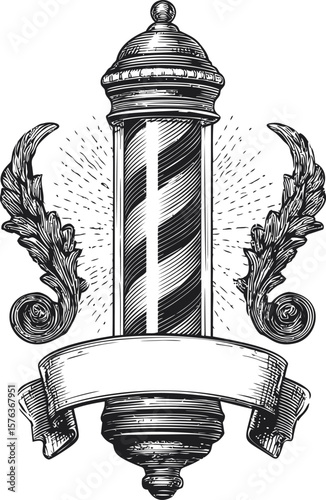 Vintage black and white illustration of a barber pole with laurel leaves. Vector illustration