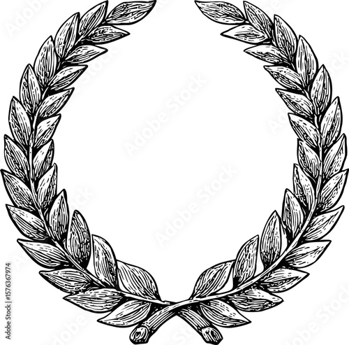 Black and white illustration of a laurel wreath symbolizing victory. Vector illustration in sketch style