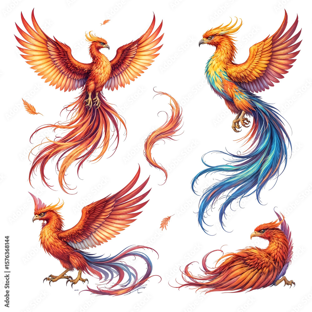 Fototapeta premium Phoenix Fantasy: An artistic rendering of vibrant Phoenix, a legendary bird of fire. Showcasing its resplendent plumage and dynamic poses that evokes a sense of rebirth and strength.