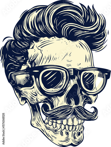 Vintage skull with mustache and sunglasses in black and white. Vector illustration