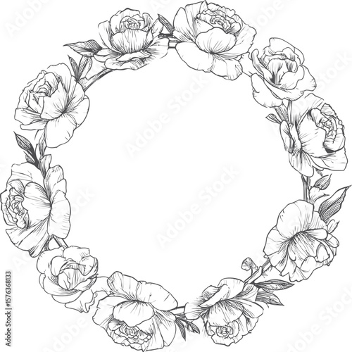Line art wreath of roses creating a circular floral border in sketch style. Vector illustration