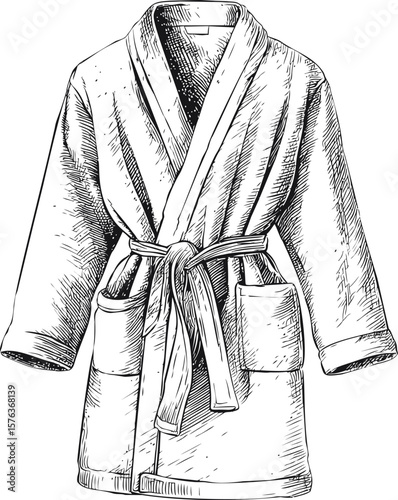Detailed sketch of a bathrobe with pockets and belt in black and white. Vector illustration