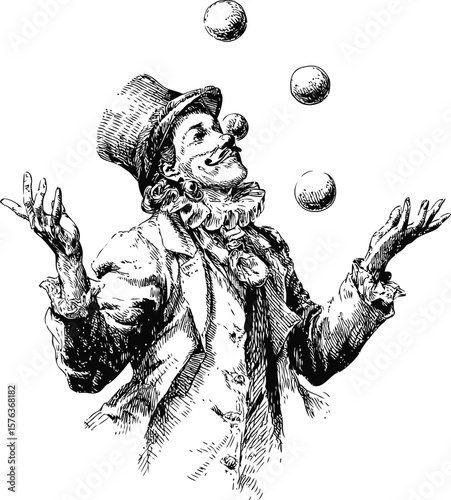 Victorian clown joyfully juggling three balls in black and white. Vector illustration