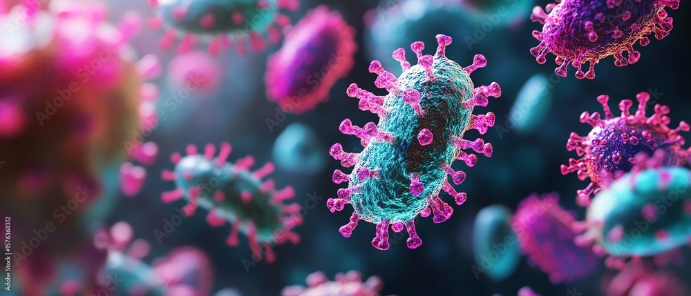 Naklejka premium A vibrant 3D illustration showing a closeup view of bacteria and viruses in various shapes and colors