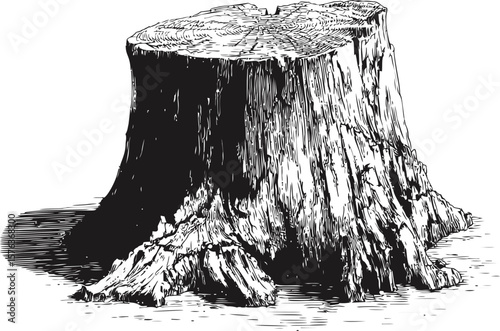 Detailed black and white sketch of an aged tree stump with textures. Vector illustration