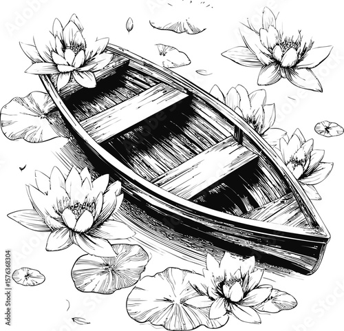 Wooden boat surrounded by water lilies in a pond, black and white sketch. Vector illustration