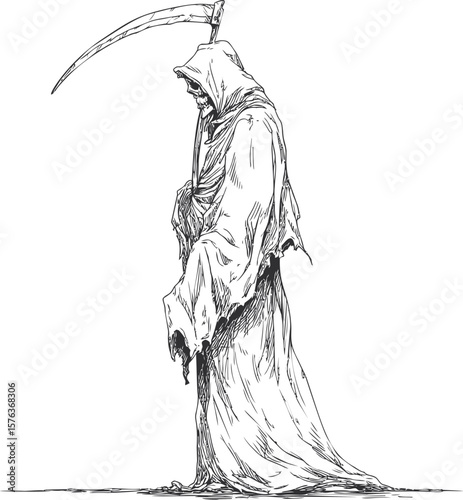 Hooded grim reaper holding a scythe in detailed black and white sketch style. Vector illustration