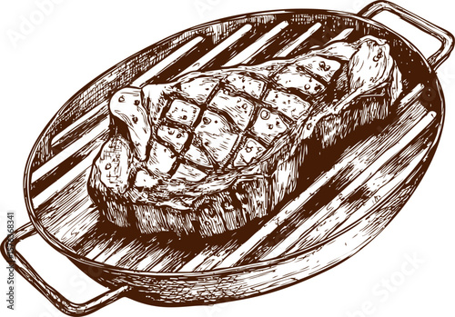 Hand-drawn steak on a grill pan with intricate detailing, vintage sketch style. Vector illustration
