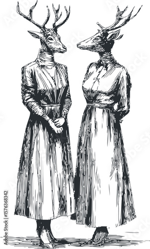 Deer-headed women in vintage dresses with detailed sketch. Vector illustration