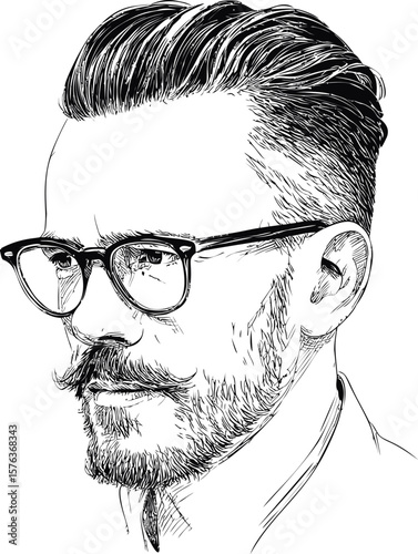 Illustration of a bearded man with glasses and styled hair profile view. Vector illustration