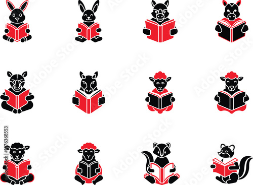 Various adorable black animals read red books while sitting against a transparent background
