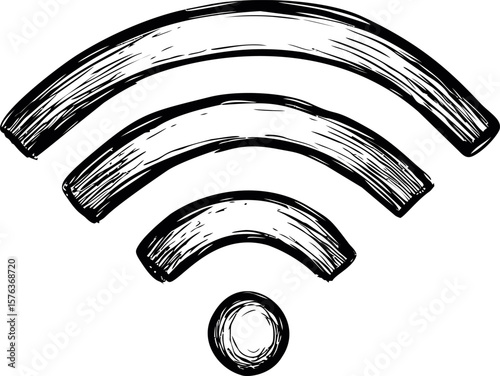 Hand-drawn black and white wifi icon with textured brush strokes. Vector illustration