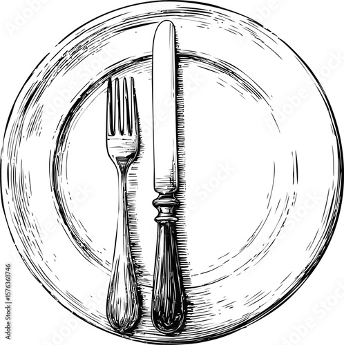 Hand-drawn plate with fork and knife, vintage sketch kitchen. Vector illustration