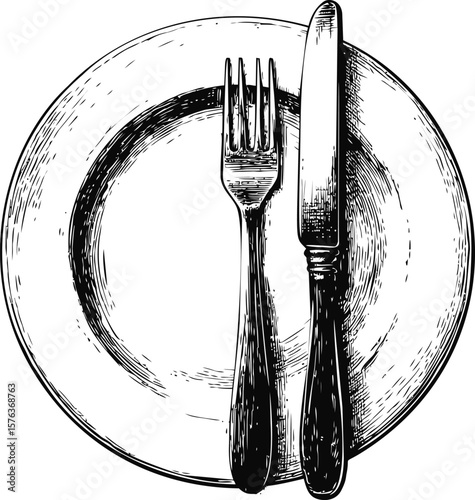 Hand-drawn fork and knife crossed on a detailed plate. Vector illustration