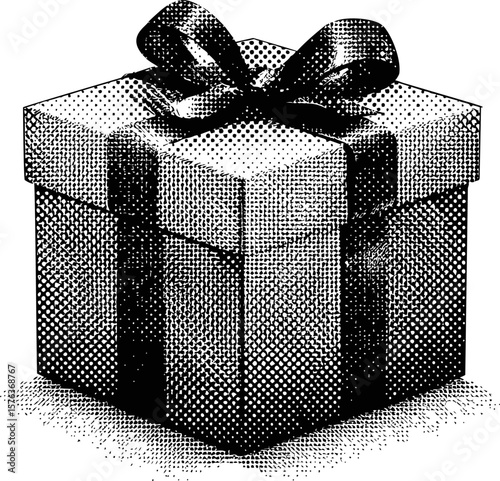 Halftone black and white gift box with a ribbon and bow, vintage style. Vector illustration