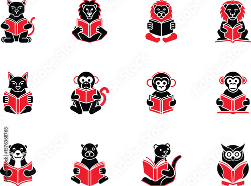 Various black animals are intently reading red books on a white background, creating a diverse set