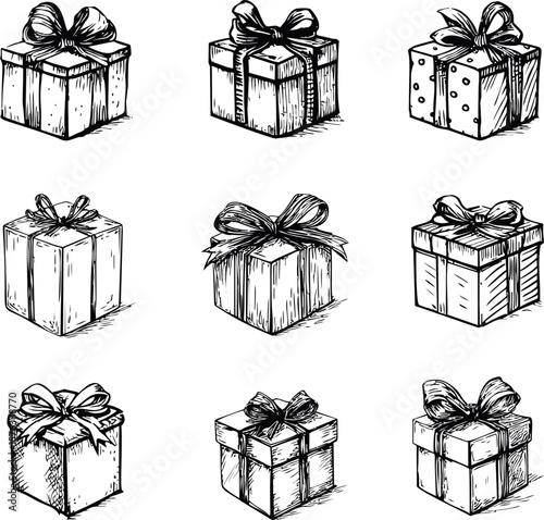 Hand-drawn gift boxes with ribbon bows in black and white sketch style. Vector illustration