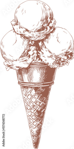 Vintage illustration of triple scoop ice cream on waffle cone in brown sketch. Vector illustration