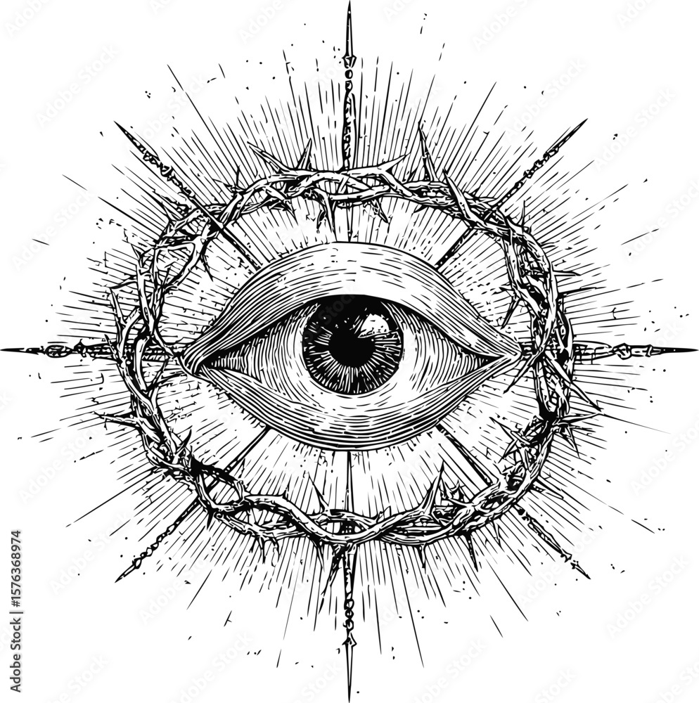Obraz premium Intricate illustration of an all-seeing eye with thorns and radiating lines. Vector illustration