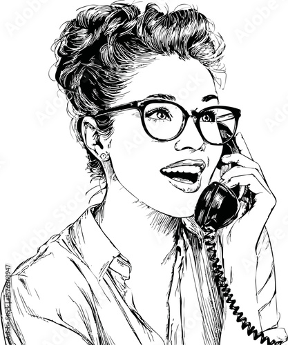 Woman happily talking on a vintage phone line drawing. Vector illustration