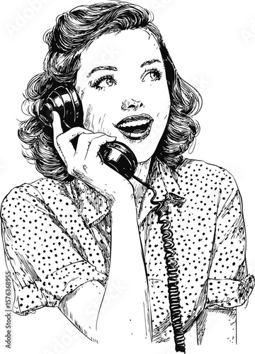 Vintage woman in polka dot shirt speaking on a rotary phone, retro sketch style. Vector illustration